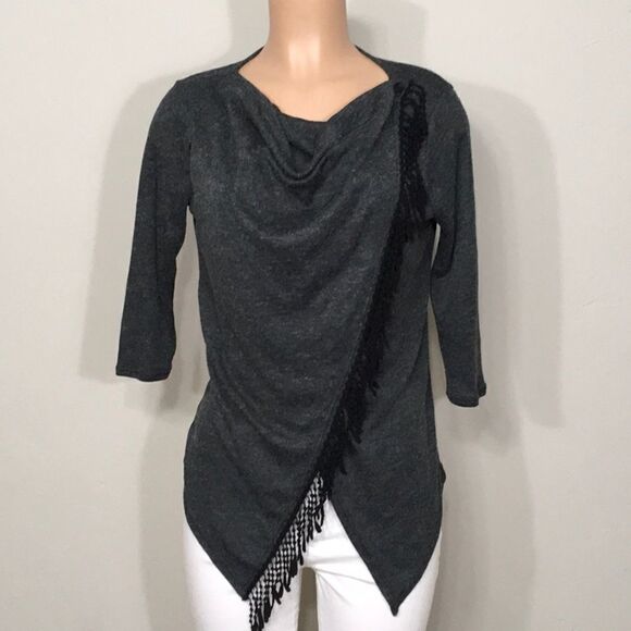 Gray wrap sweater with black fringe. NWOT - Picture 1 of 6